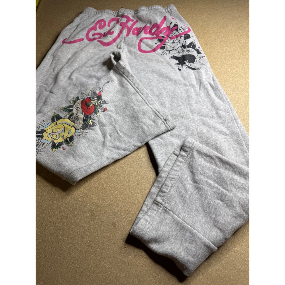 Ed Hardy Womens Gray Tattoo Rose Graphic Sweatpants Y2K Joggers Size M - Picture 2 of 7
